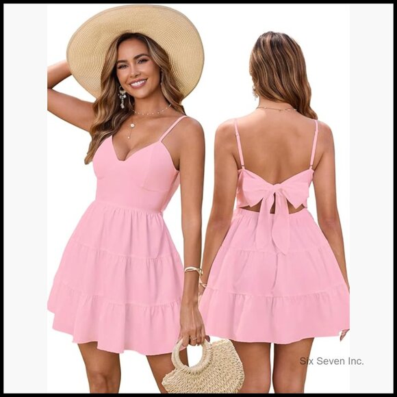 Dresses & Skirts - Polyester Summer Sundress V Neck Backless Bow Tie Flowy Mini Dress